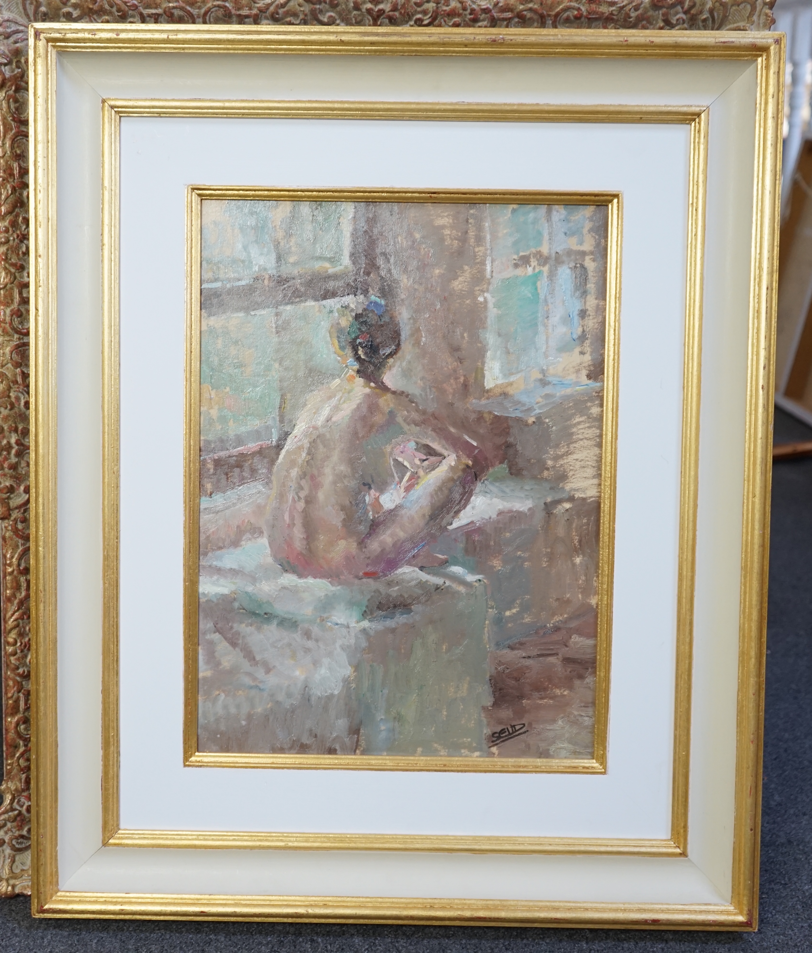 Sherree Valentine-Daines (1956-), Female nude seated in a bedroom, oil on card, 46 x 33cm